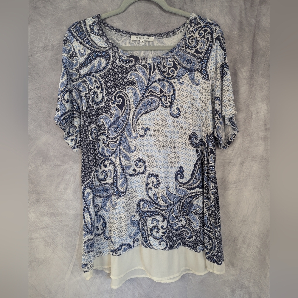 Rose & Olive 1X Blouse Sheer Cream Ruffle Hem Shirt Sleeve Navy Paisley